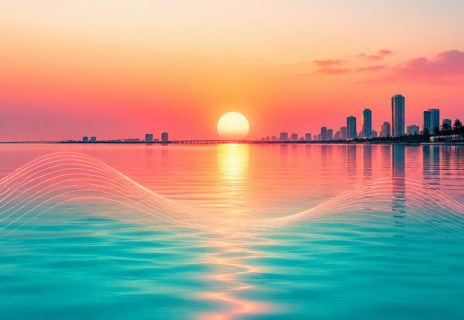 Abstract Miami sunset over water with light reflections and sound waves